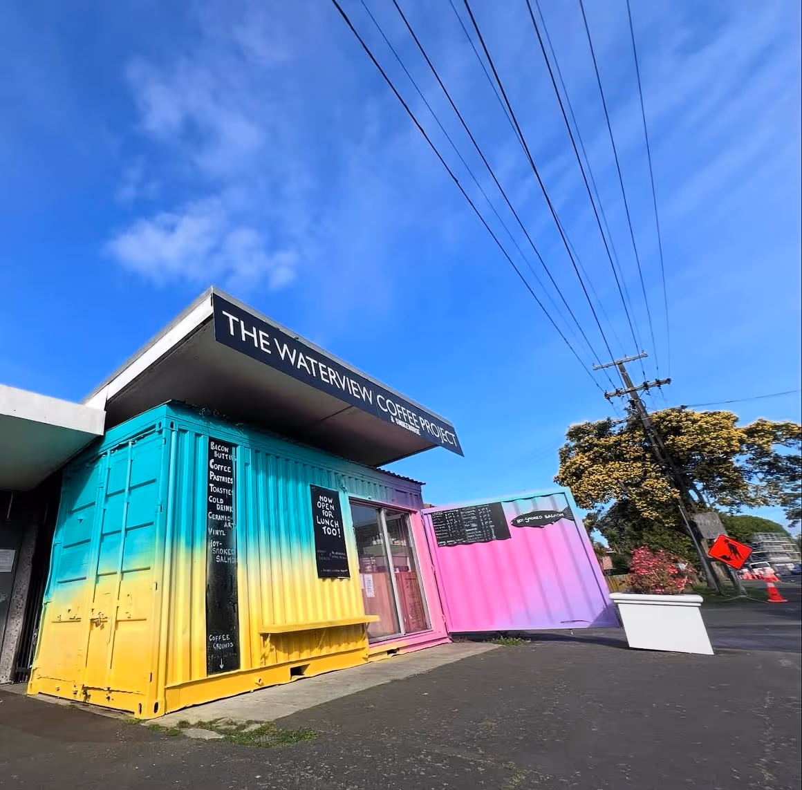 Waterview Coffee Project — colourful shipping-container café